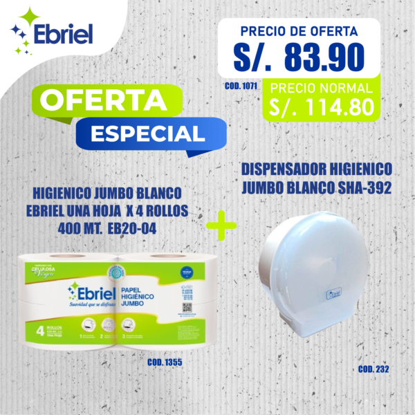 4 ROLLOS DE PAPEL HIGIÉNICO JUMBO DE 400 MT. C/U + DISPENSADOR COLOR BLANCO