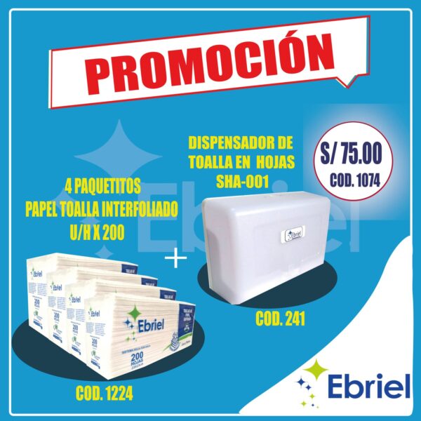 4 PAQUETES DE PAPEL TOALLA INTERFOLIADO 200 HOJAS C/U + DISPENSADOR COLOR BLANCO