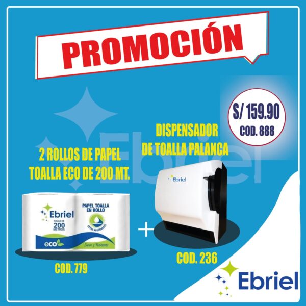 DISPENSADOR DE TOALLA + 2 ROLLOS DE PAPEL TOALLA ECO DE 200 MT.