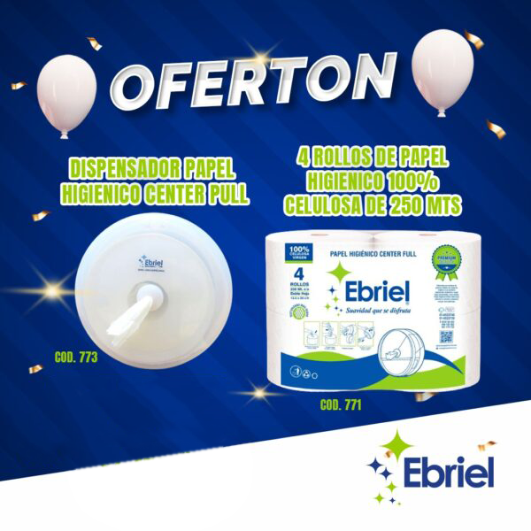 DISPENSADOR PAPEL HIGIÉNICO CENTER PULL + 4 ROLLOS DE PAPEL HIGIÉNICO 100% CELULOSA DE 250 MT