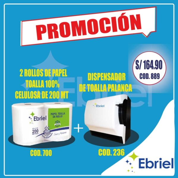DISPENSADOR DE TOALLA + 2 ROLLOS DE PAPEL TOALLA 100% CELULOSA DE 200 MT
