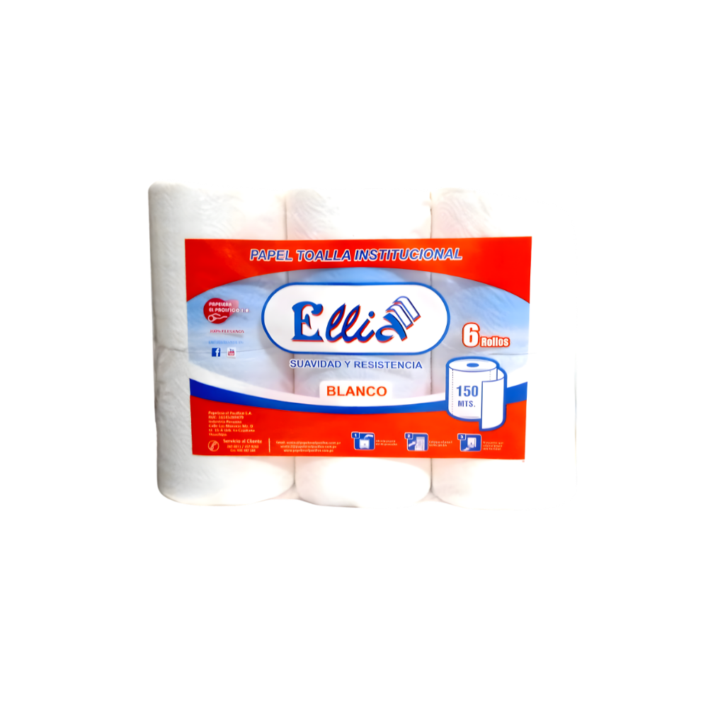 PT 150X6 BLANCO Papel Toalla Institucional Blanco Ellia 6 rollos x 150 m - Imagen 1