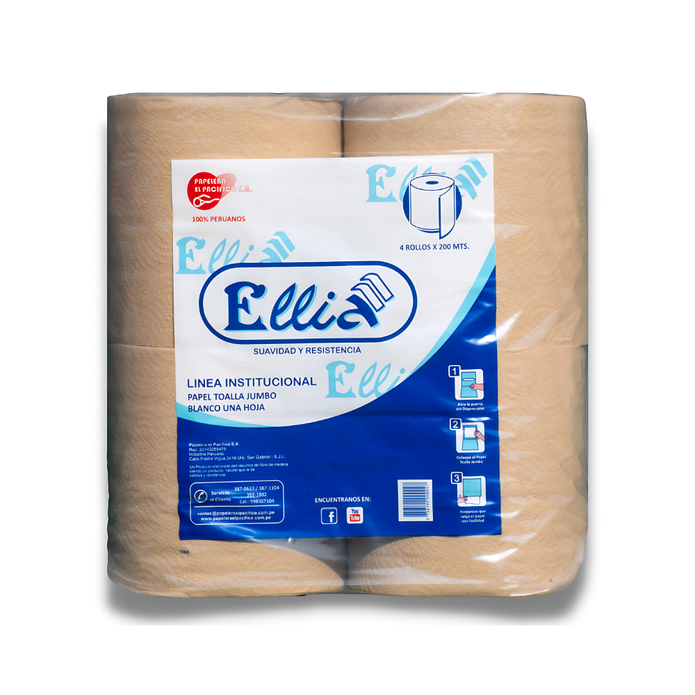 PT ECO 200X4 Papel Toalla Institucional Jumbo Ecológico Ellia 4 rollos x 200 m - Imagen 1