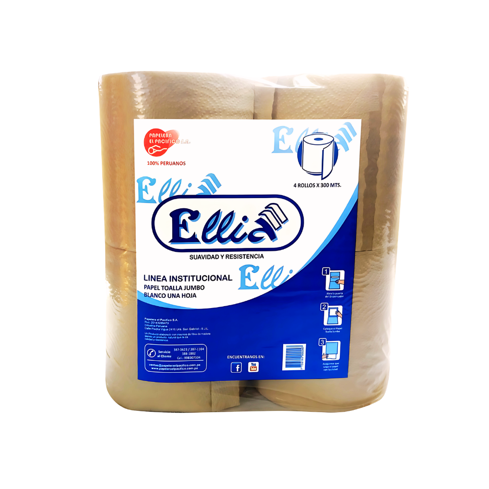 PT ECO 300X4 Papel Toalla Institucional Jumbo Ecológico Ellia 4 rollos x 300 m - Imagen 1